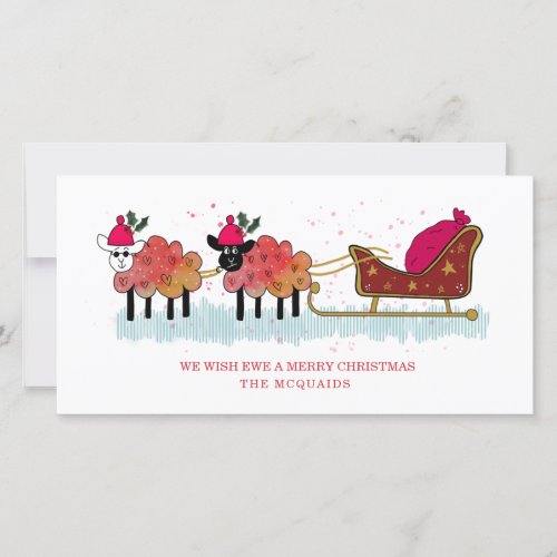 Fun christmas sheep pulling santas sleigh holiday card