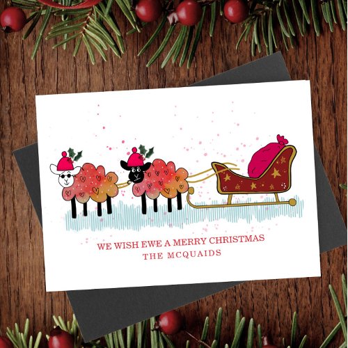 Fun Christmas sheep pulling Santas sleigh Holiday Card