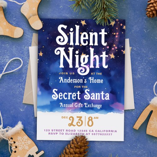 Fun Christmas Silent Night Secret Santa Watercolor Invitation