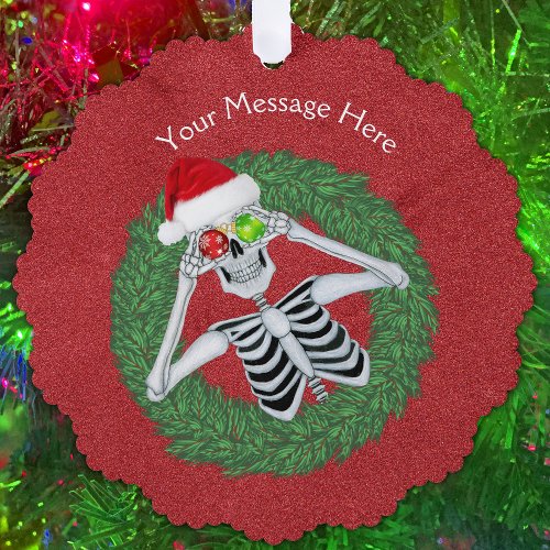 Fun Christmas Skeleton Holding Ornaments in Wreath