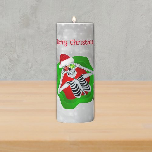 Fun Christmas Skeleton in Red Green Spatter Circle Pillar Candle