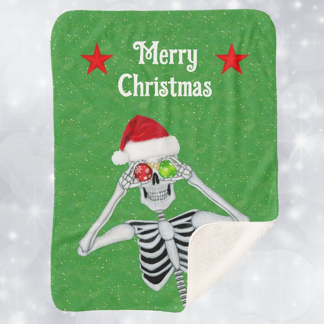 Fun Christmas Skeleton Ornament Eyeballs Red Stars Sherpa Blanket (Funny skeleton ornament eye balls Santa hat red stars on Merry Christmas green sherpa blanket.)
