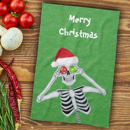 Fun Christmas Skeleton Ornament Eyes on Green Kitchen Towel
