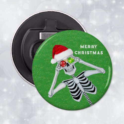 fun Christmas Skeleton Santa Hat Ornaments Green Bottle Opener