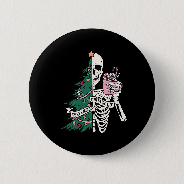 Fun Christmas Sorta Merry Sorta Scary Skeleton Xma Button (Front)
