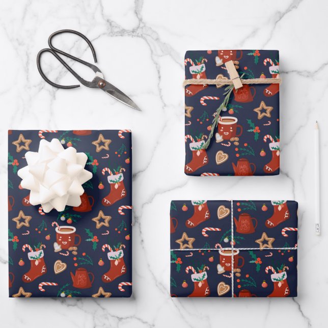 Fun Christmas Stockings and Treats Wrapping Paper Sheets (Front)