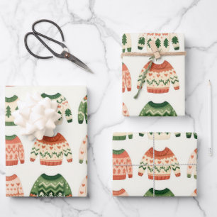 Fun Christmas Sweaters Pattern Green Pink Wrapping Paper Sheets