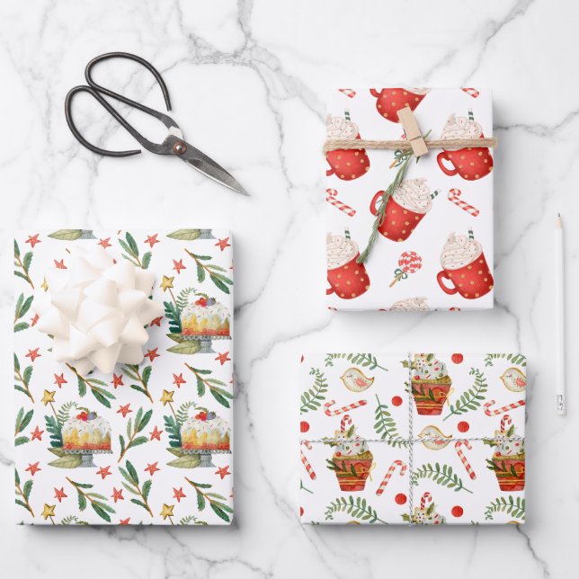 Fun Christmas Sweets Food Pattern Assortment Wrapping Paper Sheets (Front)
