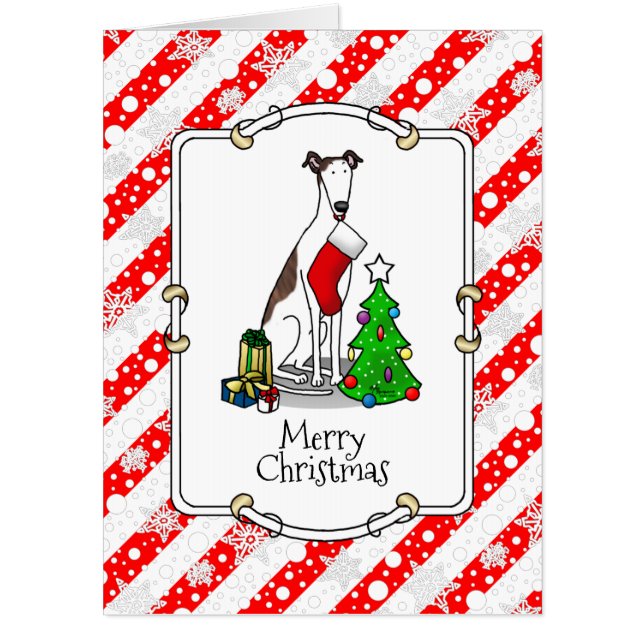Fun Christmas Tree 2 Greyhound Dog (brindle white) Card (Front)