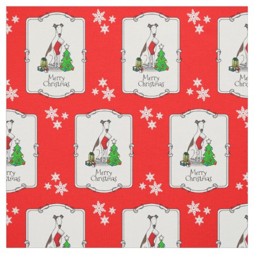 Fun Christmas Tree 2 Greyhound Dog (brindle white) Fabric