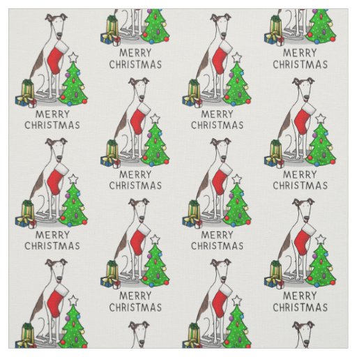 Fun Christmas Tree 2 Greyhound Dog (brindle white) Fabric