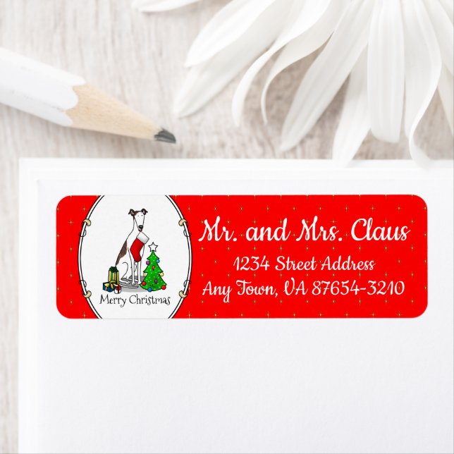 Fun Christmas Tree 2 Greyhound Dog (brindle white) Label (Insitu)