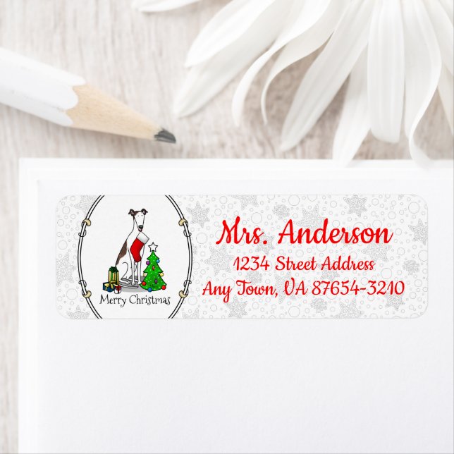 Fun Christmas Tree 2 Greyhound Dog (brindle white) Label (Insitu)
