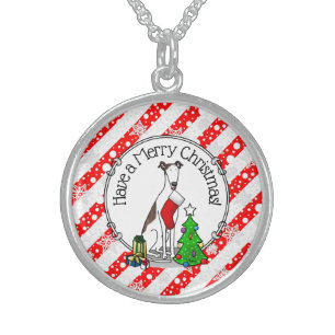 Fun Christmas Tree 2 Greyhound Dog (brindle white) Sterling Silver Necklace