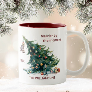 Fun Christmas Tree Dangling Cat Personalize Two-Tone Coffee Mug