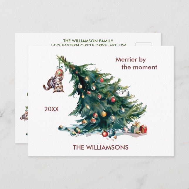 Fun Christmas Tree Dangling Cat Photo Holiday Postcard (Front/Back)