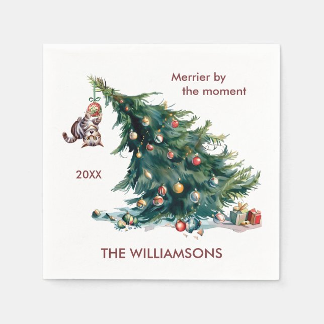 Fun Christmas Tree Dangling Cat Photo Napkins (Front)