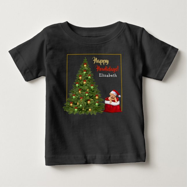 Fun Christmas Tree Santa Claus Holiday Personalize Baby T-Shirt (Front)