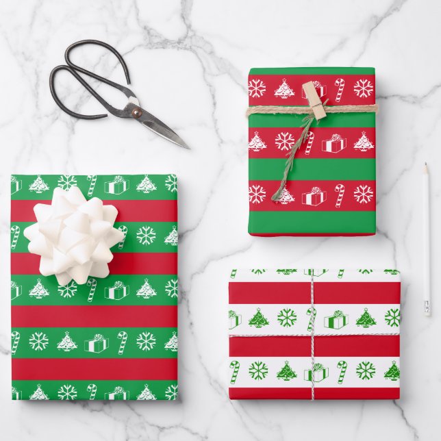 Fun Christmas Tree, Snowflake, Candy Cane, Present Wrapping Paper Sheets (Front)