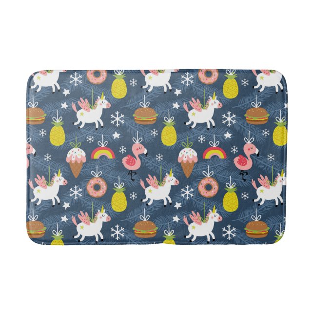 Fun Christmas Unicorns and Flamingos Pattern Bath Mat (Front)