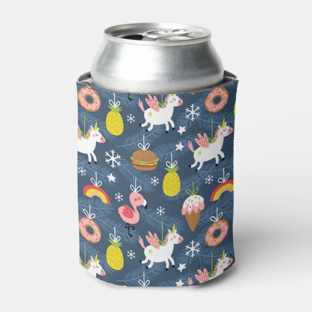 Fun Christmas Unicorns and Flamingos Pattern Can Cooler (Can Front)
