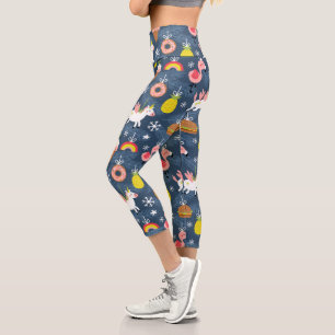 Fun Christmas Unicorns and Flamingos Pattern Capri Leggings