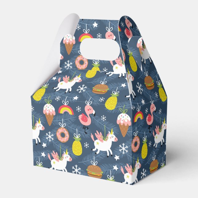 Fun Christmas Unicorns and Flamingos Pattern Favor Boxes (Front Side)