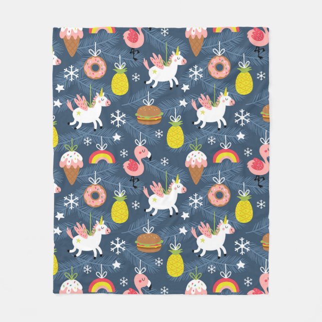 Fun Christmas Unicorns and Flamingos Pattern Fleece Blanket (Front)