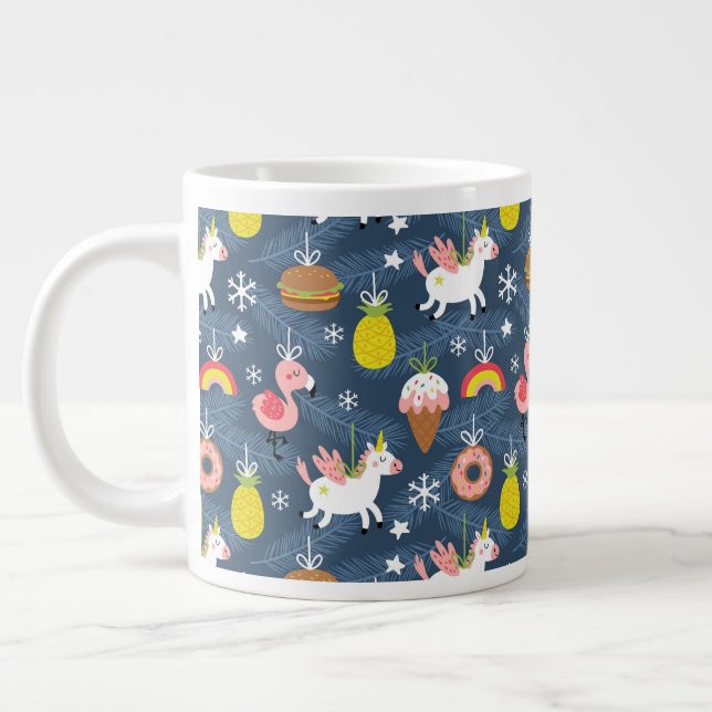Fun Christmas Unicorns and Flamingos Pattern Giant Coffee Mug (Left)
