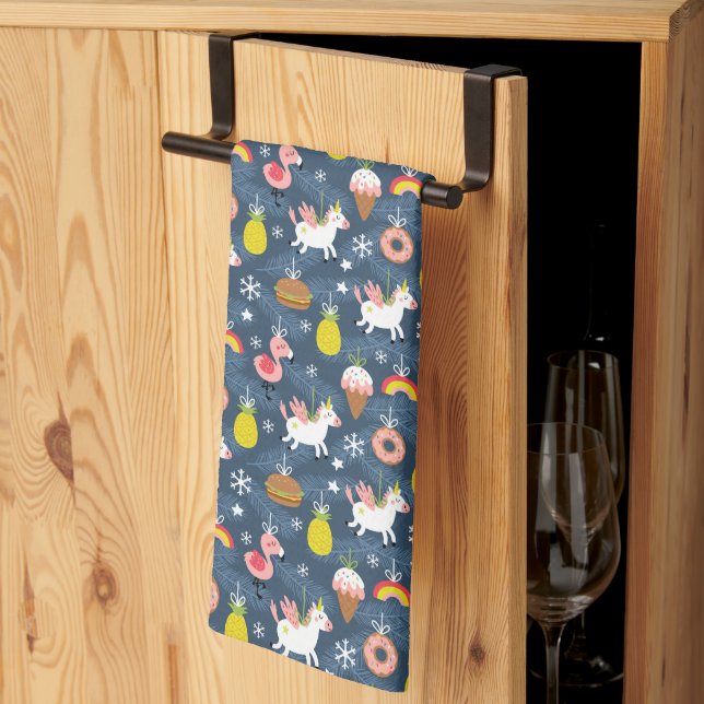 Fun Christmas Unicorns and Flamingos Pattern Kitchen Towel (Thirds Fold)