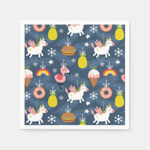 Fun Christmas Unicorns and Flamingos Pattern Napkins