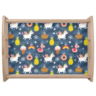 Fun Christmas Unicorns and Flamingos Pattern Serving Tray