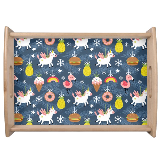 Fun Christmas Unicorns and Flamingos Pattern Serving Tray (Front)