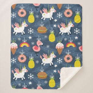 Fun Christmas Unicorns and Flamingos Pattern Sherpa Blanket