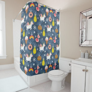 Fun Christmas Unicorns and Flamingos Pattern Shower Curtain
