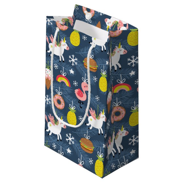 Fun Christmas Unicorns and Flamingos Pattern Small Gift Bag (Front Angled)