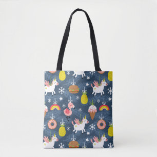 Fun Christmas Unicorns and Flamingos Pattern Tote Bag