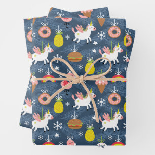 Fun Christmas Unicorns and Flamingos Pattern Wrapping Paper Sheets