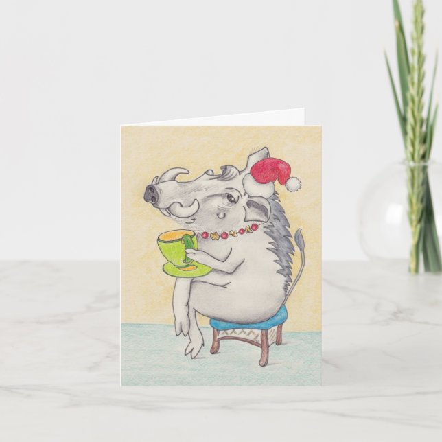 Fun Christmas warthog with teacup Holiday Card (Front)