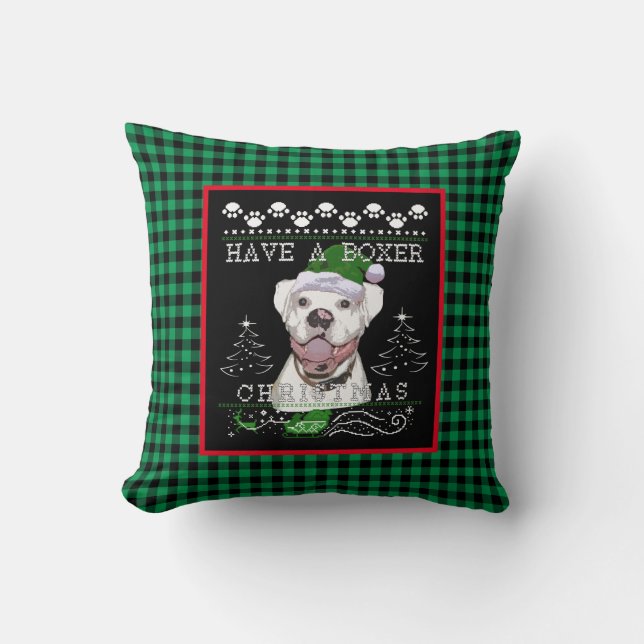 Fun Christmas White Boxer Dog Throw Pillow (Front)
