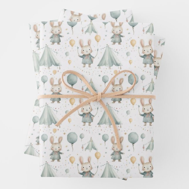 Fun Circus Bunny Balloons Pattern Baby Shower Wrapping Paper Sheets (In situ)