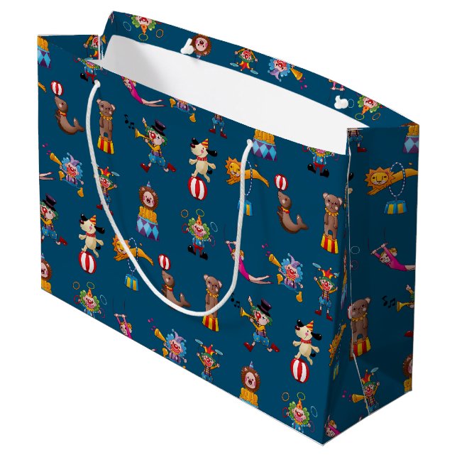 Fun Circus Party Acts Cartoon Pattern Blue Kids Large Gift Bag (Back Angled)