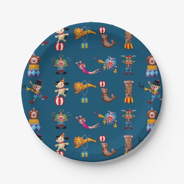 Fun Circus Party Acts Cartoon Pattern Blue Paper Plates (Front)