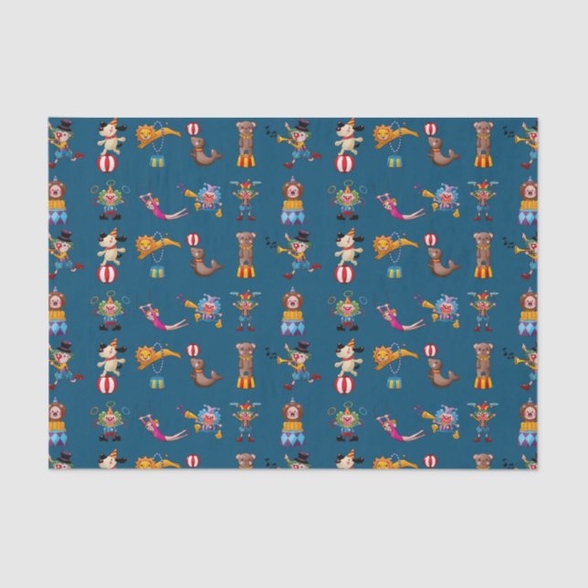 Fun Circus Party Acts Cartoon Pattern Blue Tissue Paper (Front)