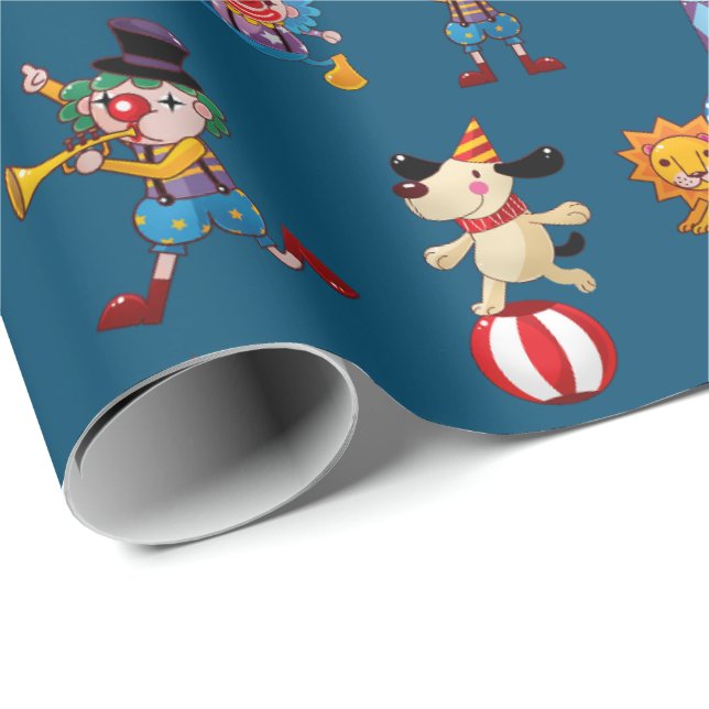 Fun Circus Party Acts Cartoon Pattern Blue Wrapping Paper (Roll Corner)