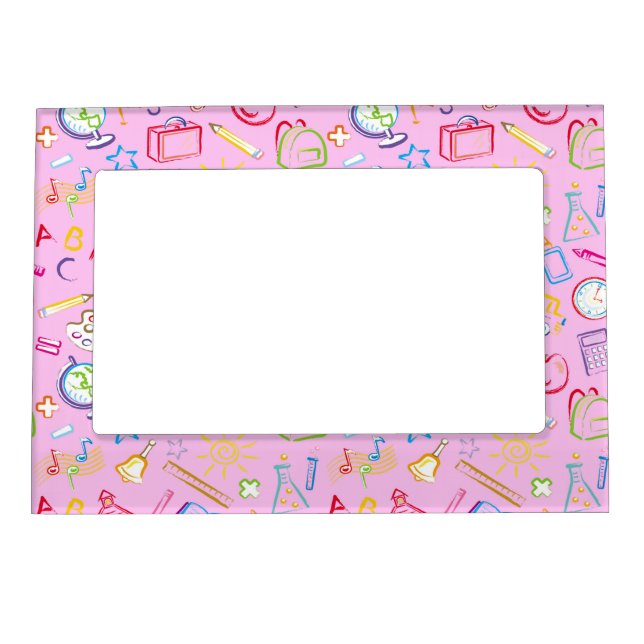 Fun Classroom Icons on Pink Magnetic Photo Frame (Front)
