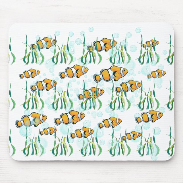 Fun Clown Fish Orange White Black Blue Bubbles Mouse Pad (Front)