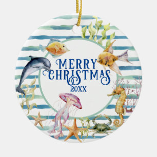 Fun Coastal Beach Theme Merry Christmas, Photo Ceramic Ornament