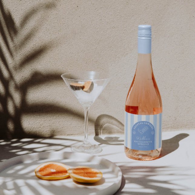 Fun Coastal Cowgirl Bachelorette Party Favor Sparkling Wine Label (Classy blue & white coastal cowgirl theme wine bottle labels for bachelorette party or bridal shower)