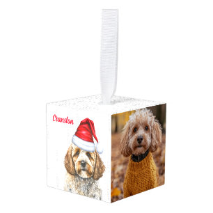 Fun Cockapoo Santa Dog Two Photo Christmas Cube Ornament